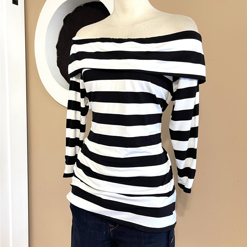 WHBM Off-Shoulder Striped Knit Top – Size Large, Tall-Friendly Fit - Picture 2 of 13